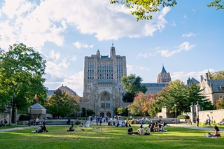 students gather outside to enjoy the beauty of Yale's campus