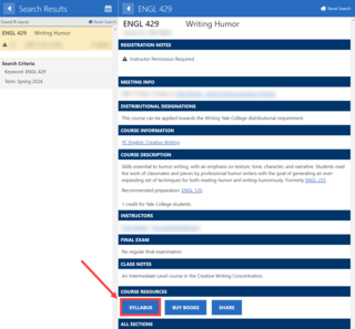 Yale Course Search interface with the Syllabus button highlighted in red and a red arrow pointing towards it.