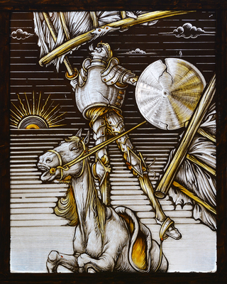 Detailed and dramatic stained glass depiction of Don Quixote