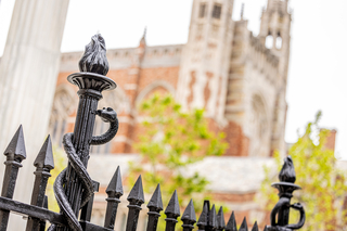 A wrought iron fence features serpents wrapped around a staff, representing the caduceus